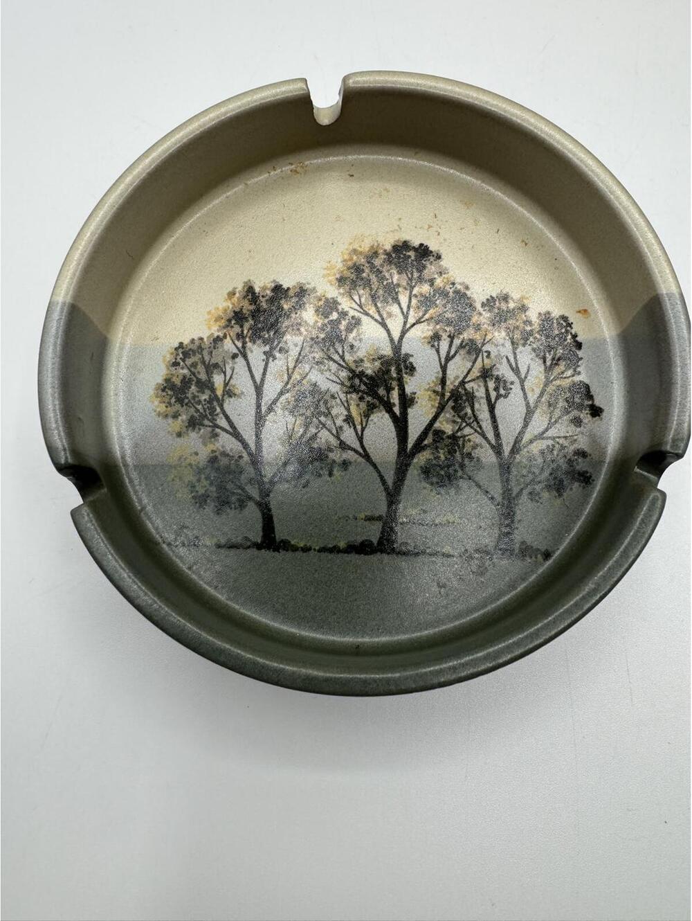 Vintage Otagiri Japan Stoneware Ashtray Tree Landscape Gray Brown Ceramic